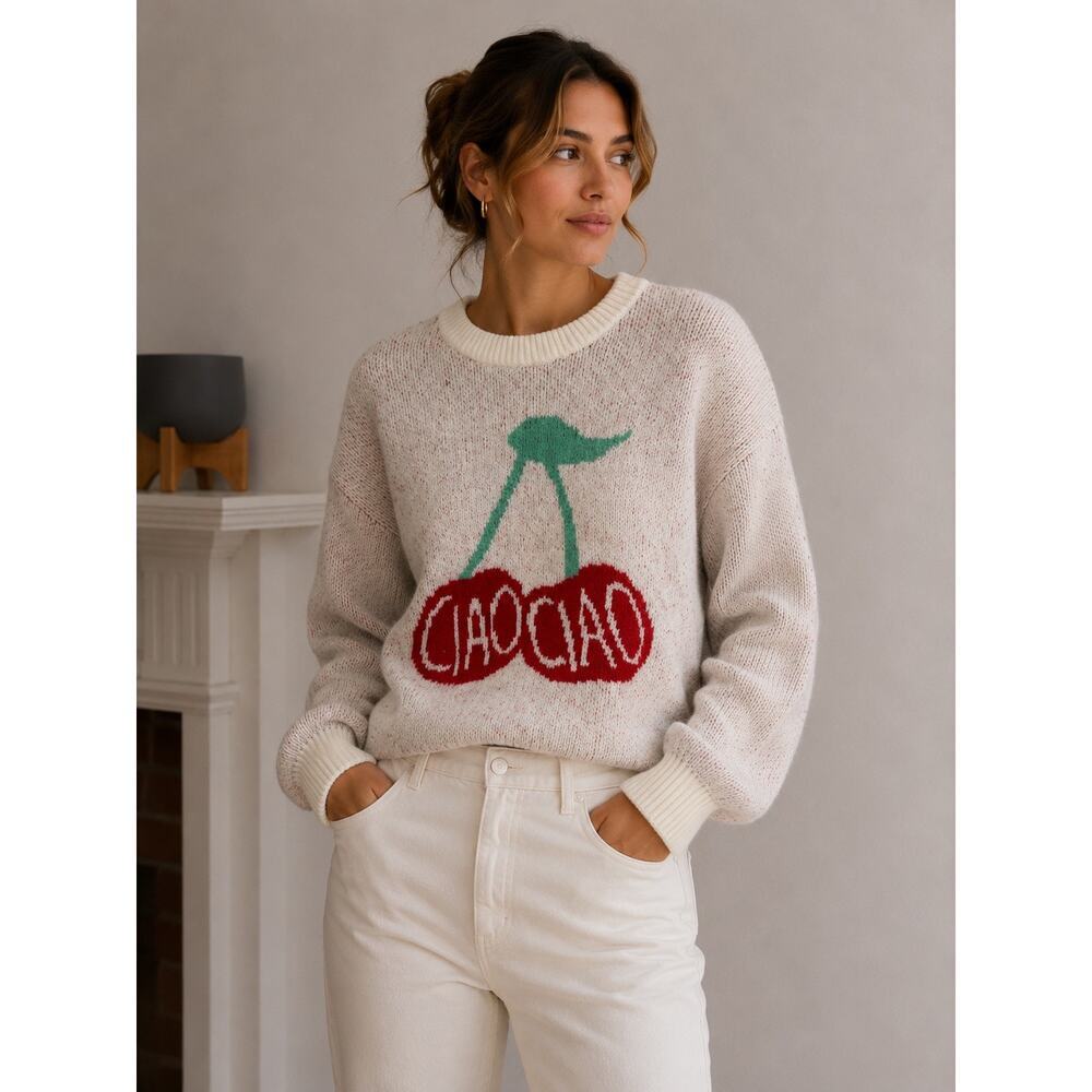 A New Day Cherry Graphic Sweater Women’s Medium Cream Knit Pullover Cozy Cute - Picture 2 of 12